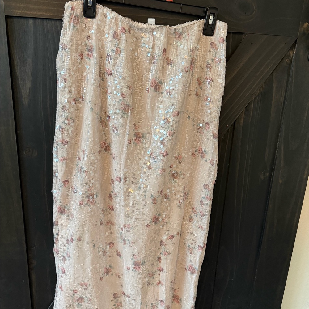 Macy's Cream Sequin Floral Maxi Skirt